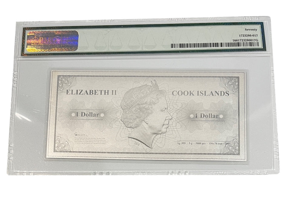 2017 Cook Islands 1 Dollar 5 gram Silver Hong Kong Skyline Dollar Note PMG 70 | GoldSilver360