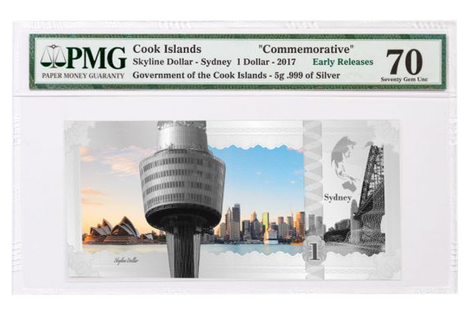 2017 Cook Islands 1 Dollar 5 gram Silver Sydney Skyline Dollar Note PMG 70 | GoldSilver360