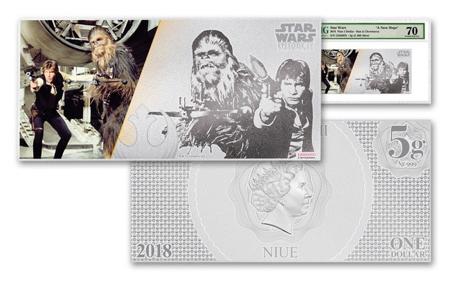 2018 Niue 5 Gram $1 Silver Foil Star Wars Han Solo & Chewbacca PMG 70 Silver Note | GoldSilver360