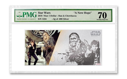 2018 Niue 5 Gram $1 Silver Foil Star Wars Han Solo & Chewbacca PMG 70 Silver Note | GoldSilver360