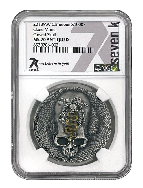 2018 Cameroon 1 oz Silver Carved Skull Clade Mortis Bones NGC MS70 | GoldSilver360