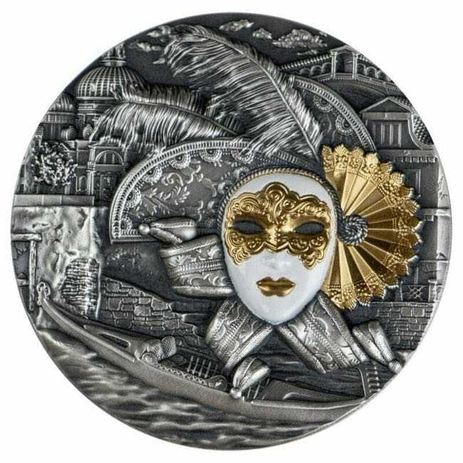 2019 Niue 2 oz Antique Silver VENETIAN MASK CARNIVAL OF VENICE Ultra High Relief | GoldSilver360