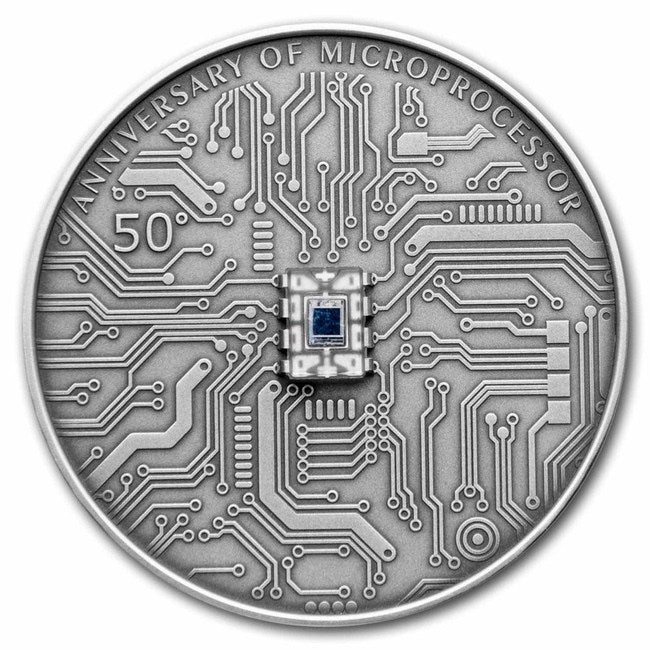 2021 Niue 2 oz Silver Antique Microchip 50th Anniversary Coin | GoldSilver360