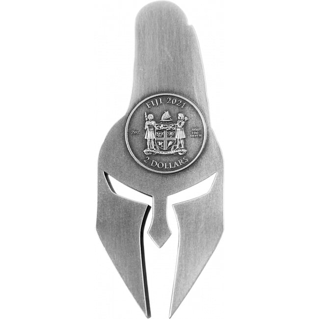 2021 Fiji Ancient Warriors - Spartan Warrior Mask Shaped 2 oz .999 Silver Antiqued Coin | GoldSilver360